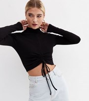 New Look Black Ribbed Ruched Long Sleeve Crop Top